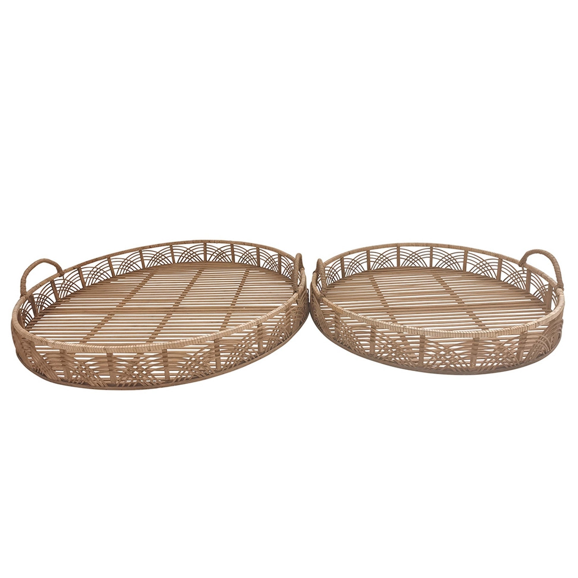 Benzara BM232698 Brown Round Shaped Bamboo Tray With Curved Handle, Set of 2