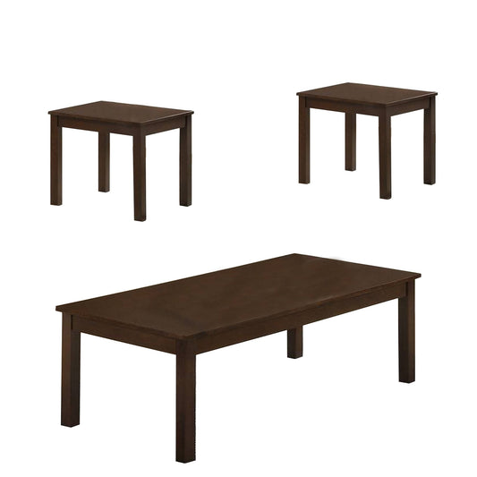 Benzara BM233096 3-Piece Brown Transitional Coffee Table and End Table With Block Legs