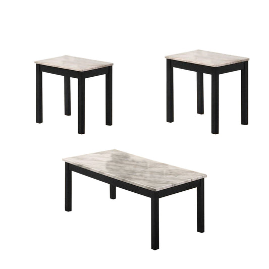 Benzara BM233097 3-Piece Black and White Coffee Table and End Table With Faux Marble Top