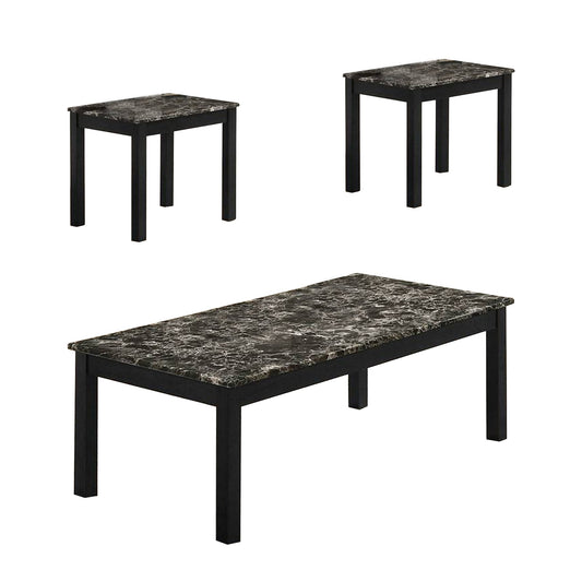 Benzara BM233098 3-Piece Black Coffee Table and End Table With Faux Marble Top