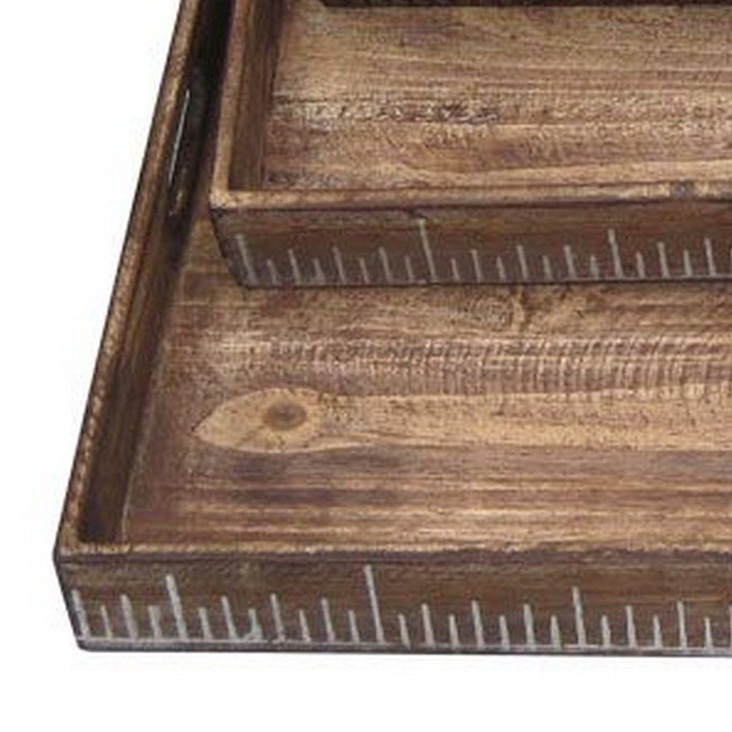 Benzara BM233465 Brown Rough Sawn Textured Rectangular Wooden Ruler Tray, Set of 3