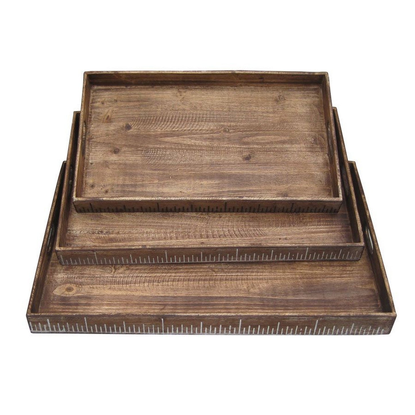 Benzara BM233465 Brown Rough Sawn Textured Rectangular Wooden Ruler Tray, Set of 3