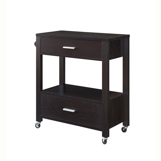 Benzara BM233696 Dark Brown 2-Drawer Wooden Kitchen Cart With Casters and 1 Open Shelf