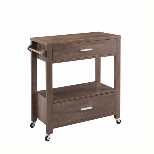 Benzara BM233697 Brown 2-Drawer Wooden Kitchen Cart With Casters and 1 Open Shelf