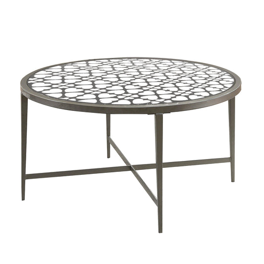 Benzara BM233958 Silver Round Glass Top Coffee Table With X Support Metal Base