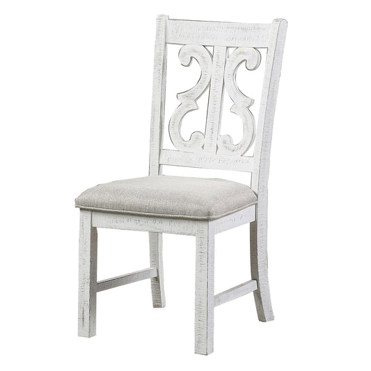 Benzara BM235502 White Open Scroll Back Wooden Side Chair With Padded Seat, Set of 2