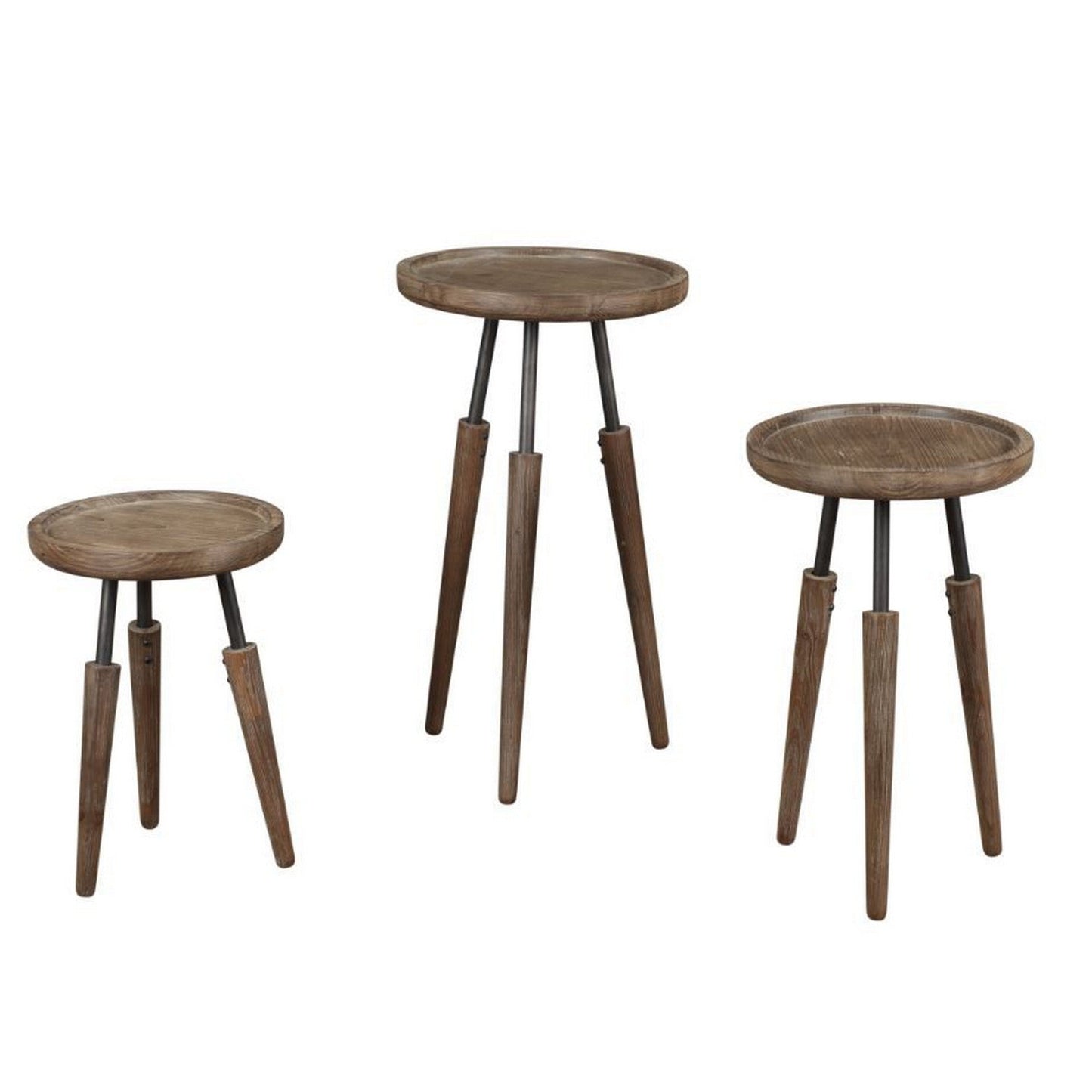 Benzara BM239697 Brown Round Tray Top 3 Piece Nesting Table With Wooden Peg Legs