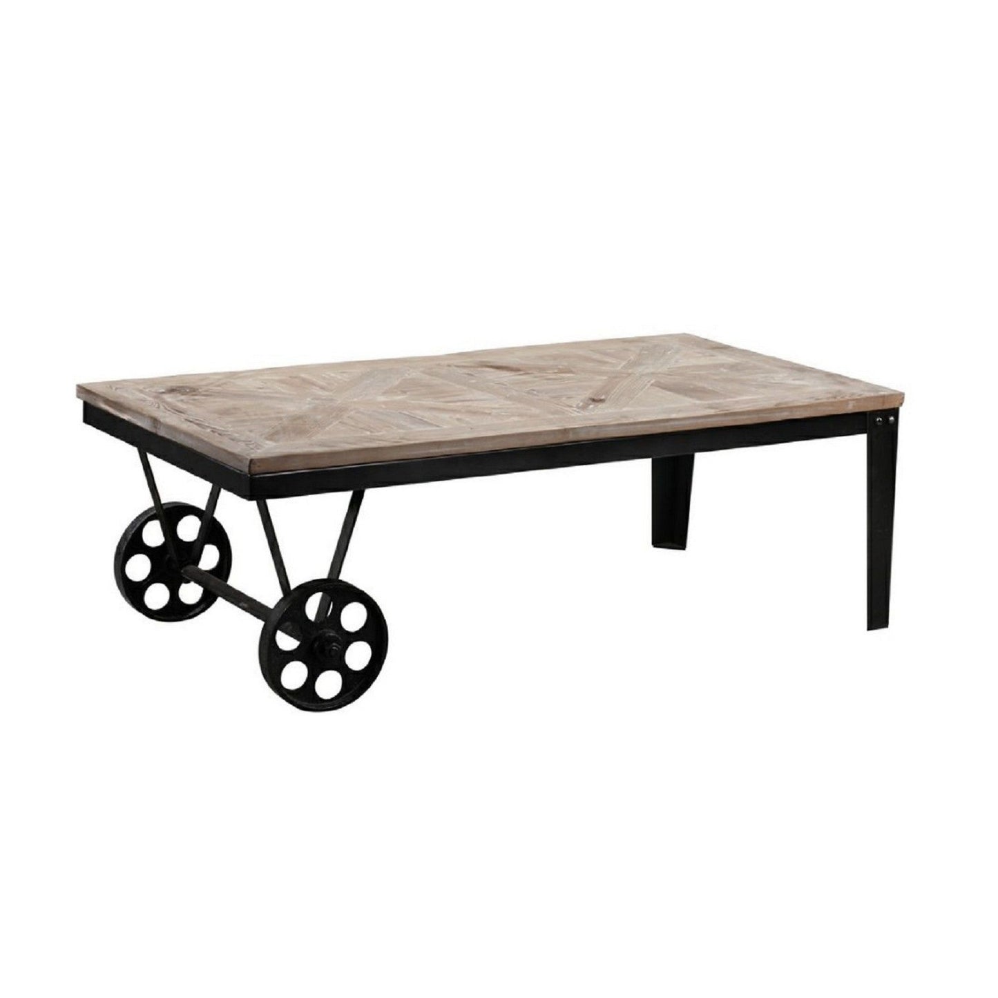 Benzara BM239701 Brown Reclaimed Wood Top Table Cart With Metal Wheels