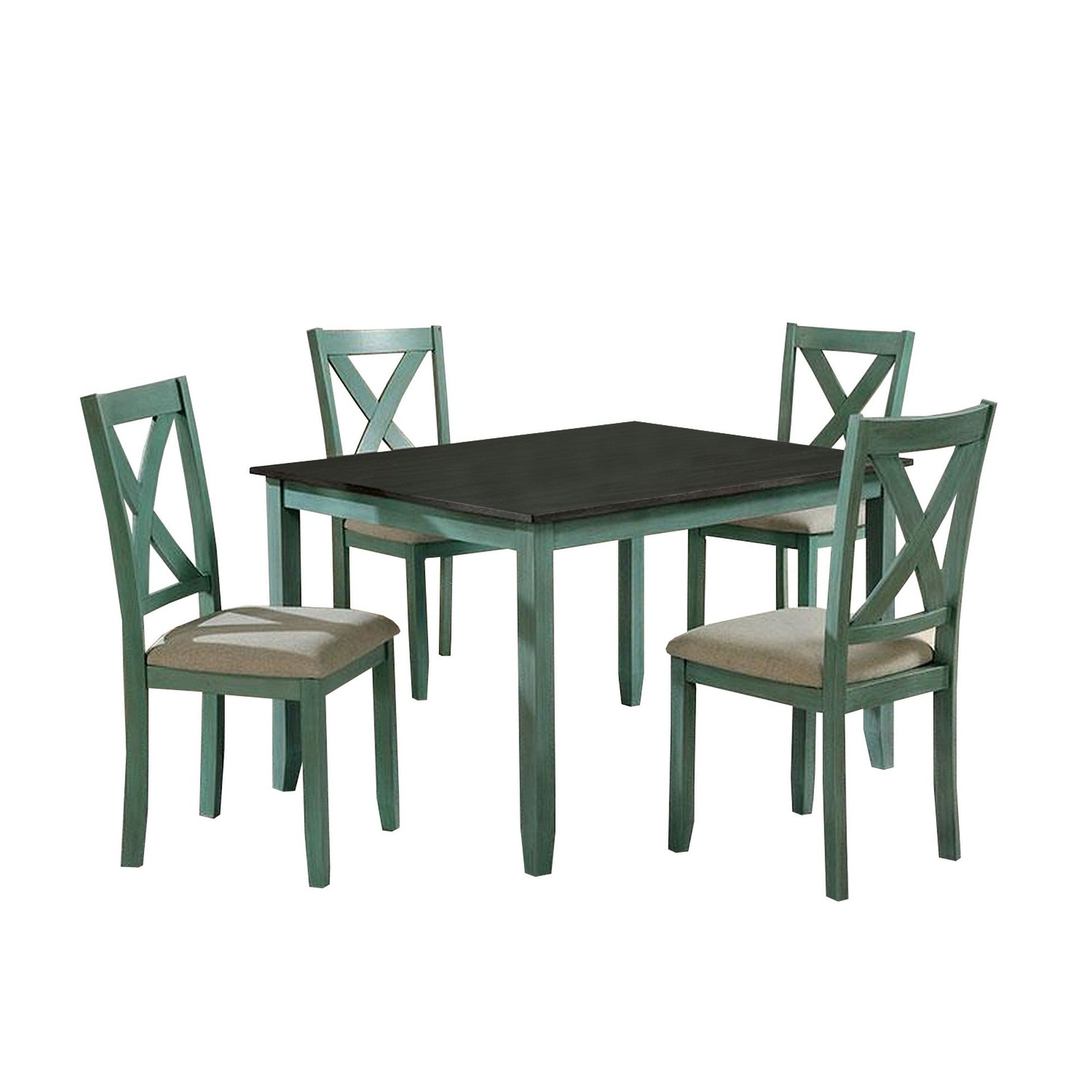 Benzara BM239814 5 Piece Dining Table Set With Padded Seat and X Back, Green