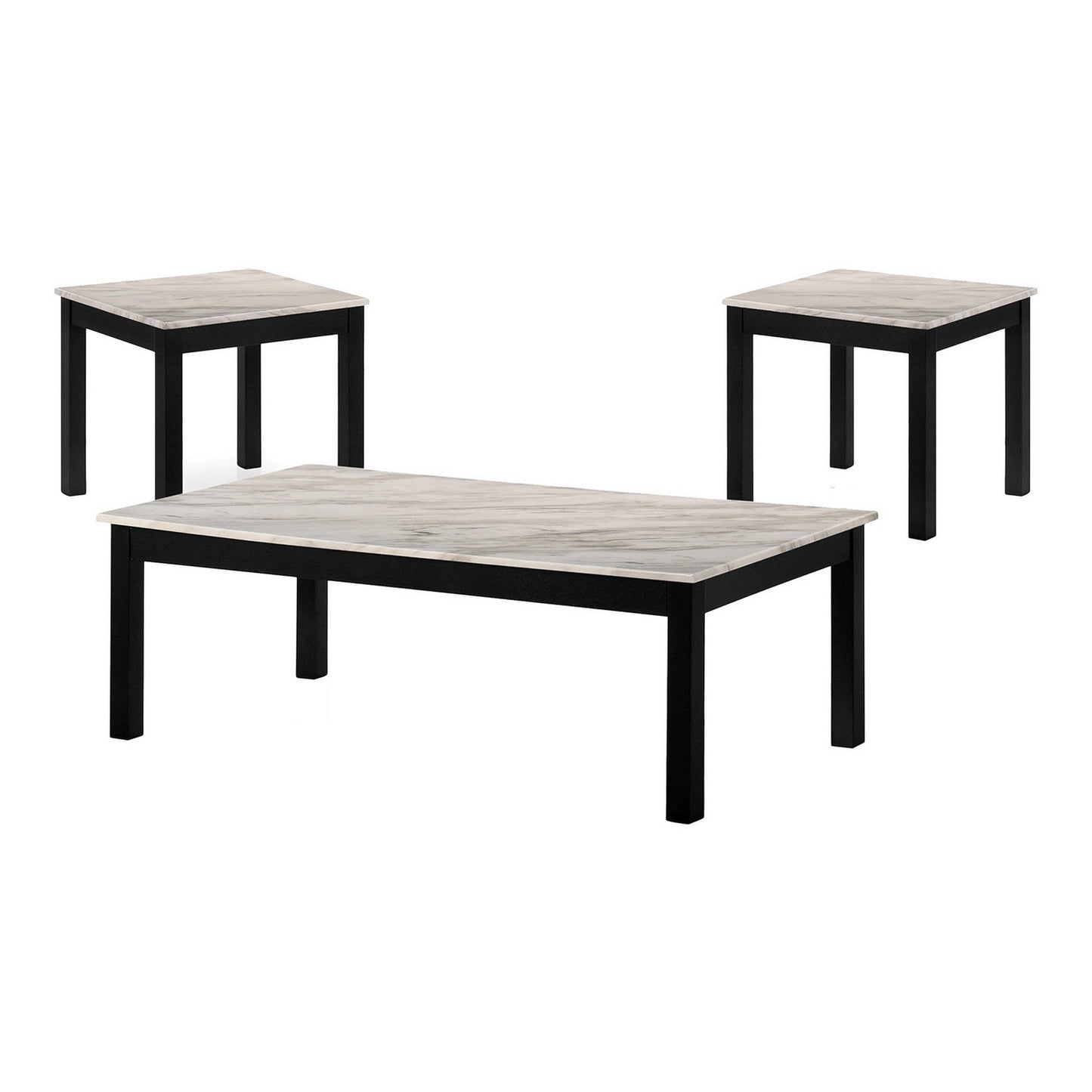 Benzara BM239829 3-Piece White and Black Coffee Table Set With Faux Marble Top