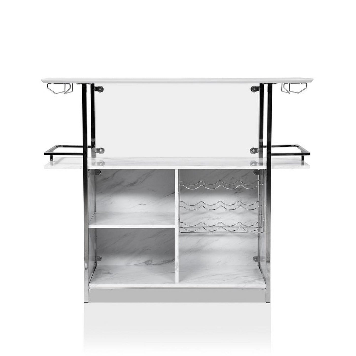 Benzara BM253019 Bar Table With Faux Marble and Chrome Finish, White and Silver