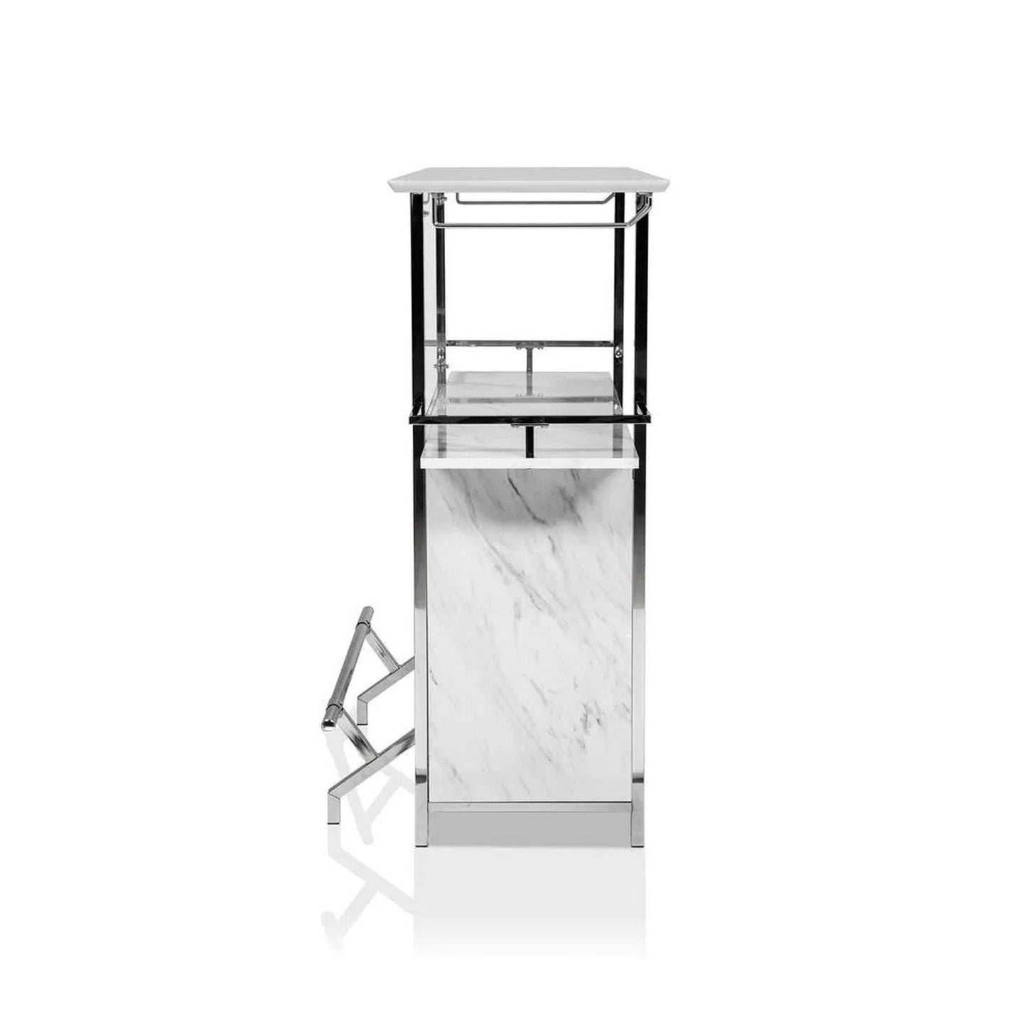 Benzara BM253019 Bar Table With Faux Marble and Chrome Finish, White and Silver