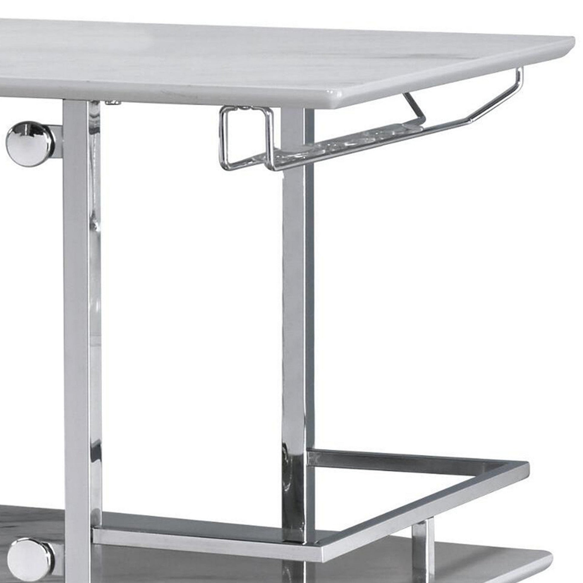 Benzara BM253019 Bar Table With Faux Marble and Chrome Finish, White and Silver