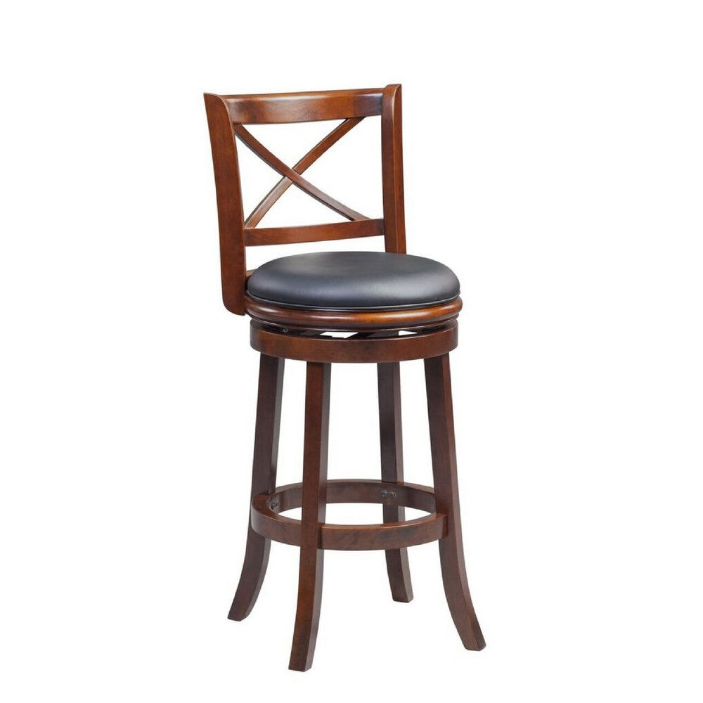 Benzara BM274340 Gia 29" Brown Solid Wood Swivel Bar Stool With Rich Vegan Faux Leather Seat