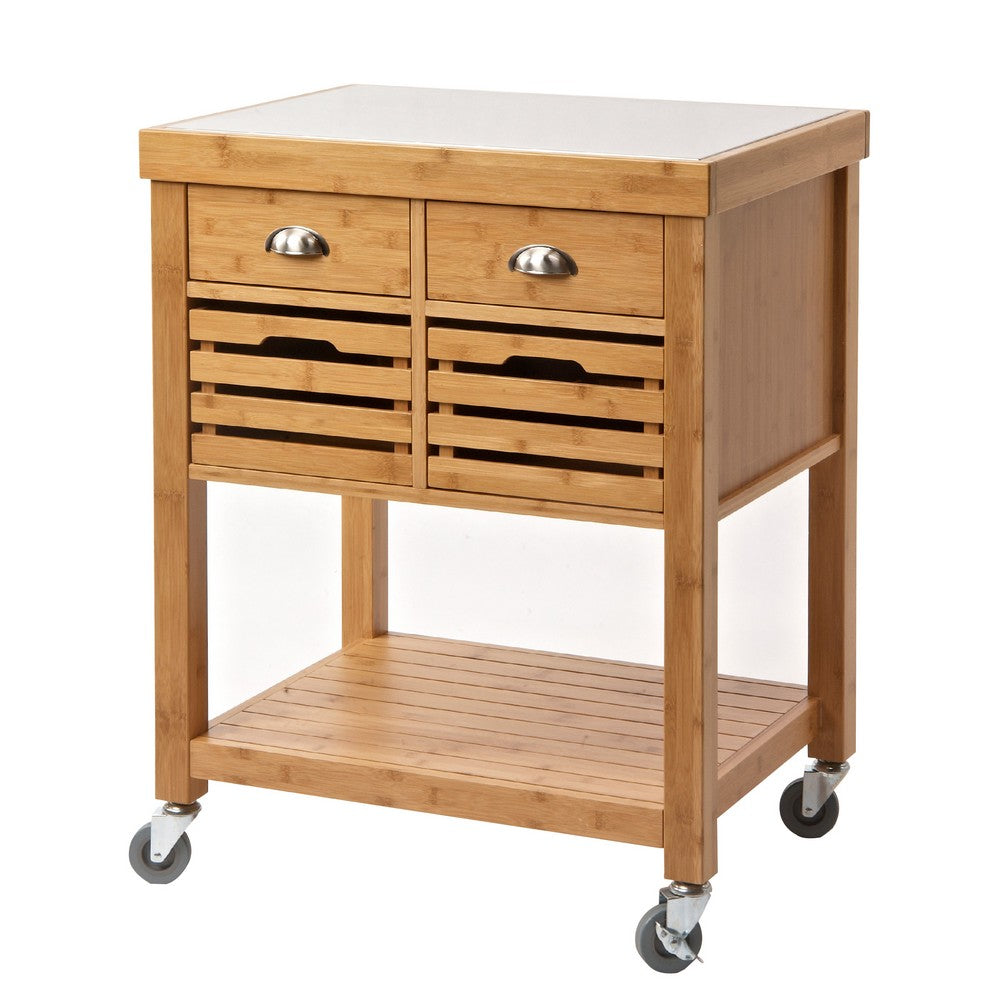 Benzara BM274344 36" 2-Drawer Brown Bamboo Kitchen Cart Island With Stainless Steel Top