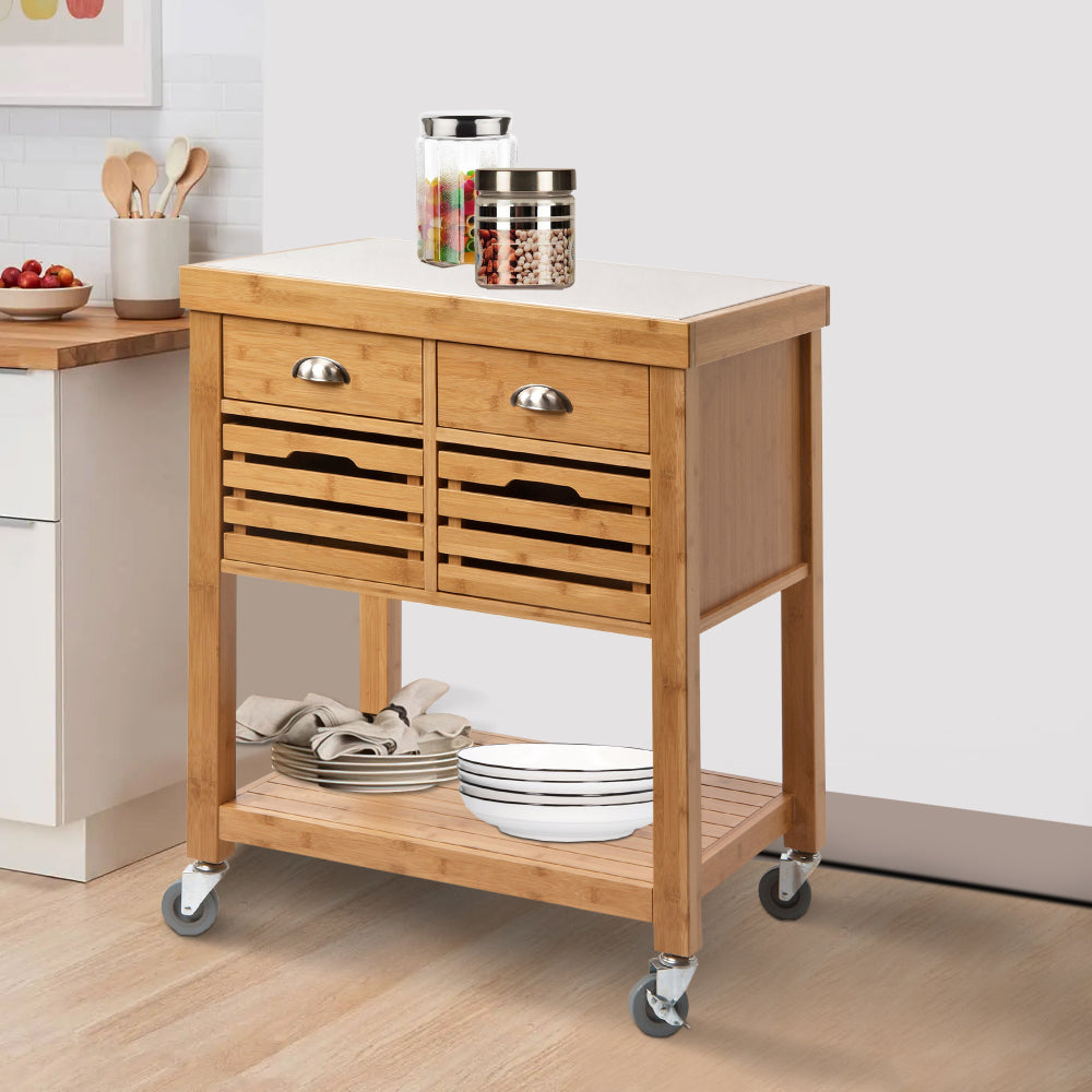 Benzara BM274344 36" 2-Drawer Brown Bamboo Kitchen Cart Island With Stainless Steel Top