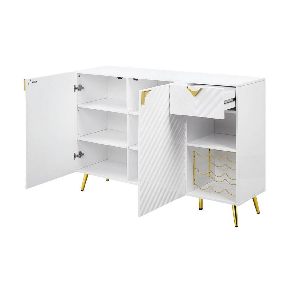 Benzara BM275719 Bet 54" Two-Door White Modern Sideboard Buffet Table With Wine Rack and Gold Hardware