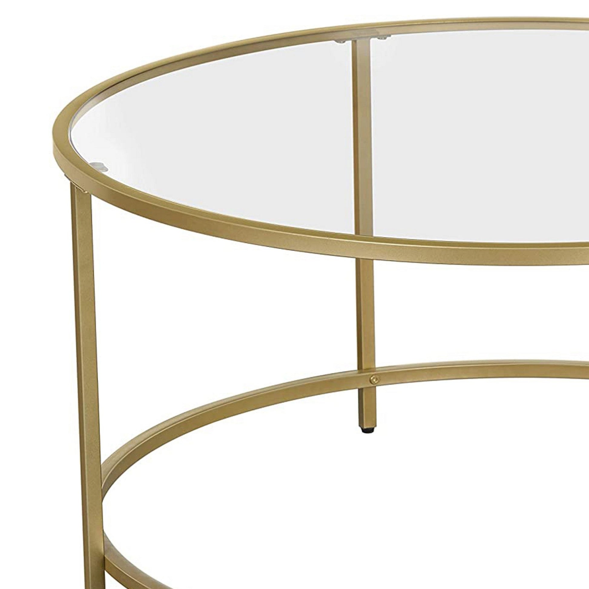 Benzara BM277136 Kin 35" Gold Round Coffee Table with Tempered Glass Top and Steel Frame