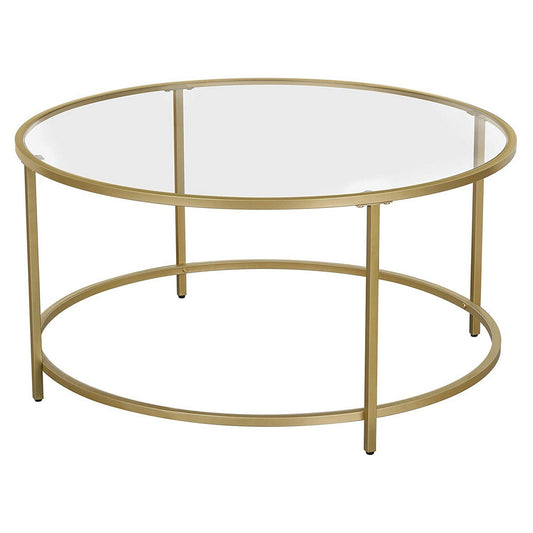 Benzara BM277136 Kin 35" Gold Round Coffee Table with Tempered Glass Top and Steel Frame