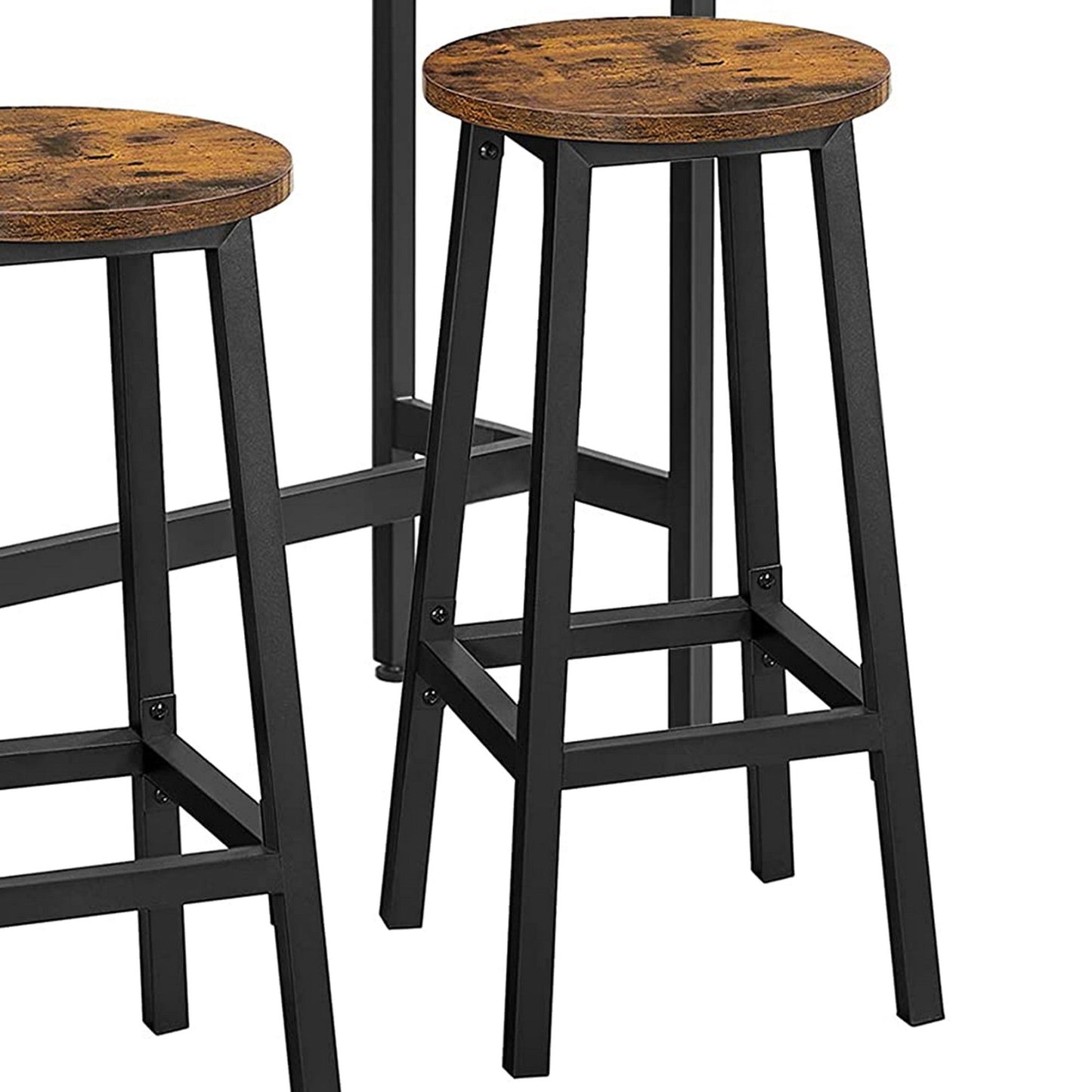 Benzara BM277140 3-Piece Rustic Brown and Black Bar Table Set with Wood and Metal Construction, Round Seats