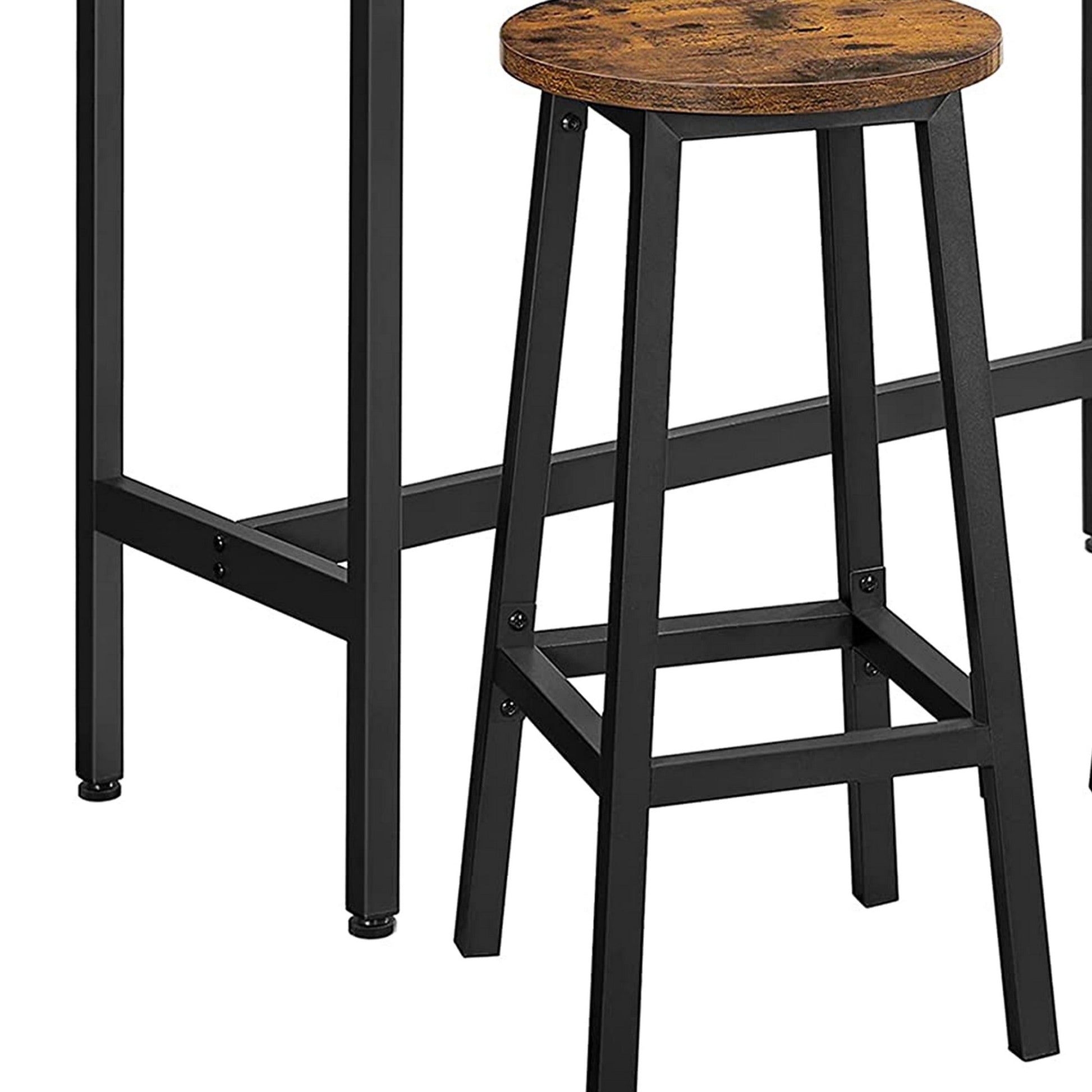 Benzara BM277140 3-Piece Rustic Brown and Black Bar Table Set with Wood and Metal Construction, Round Seats