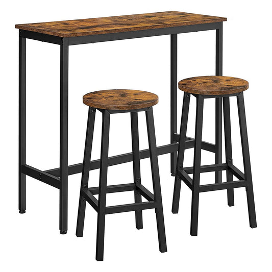 Benzara BM277140 3-Piece Rustic Brown and Black Bar Table Set with Wood and Metal Construction, Round Seats