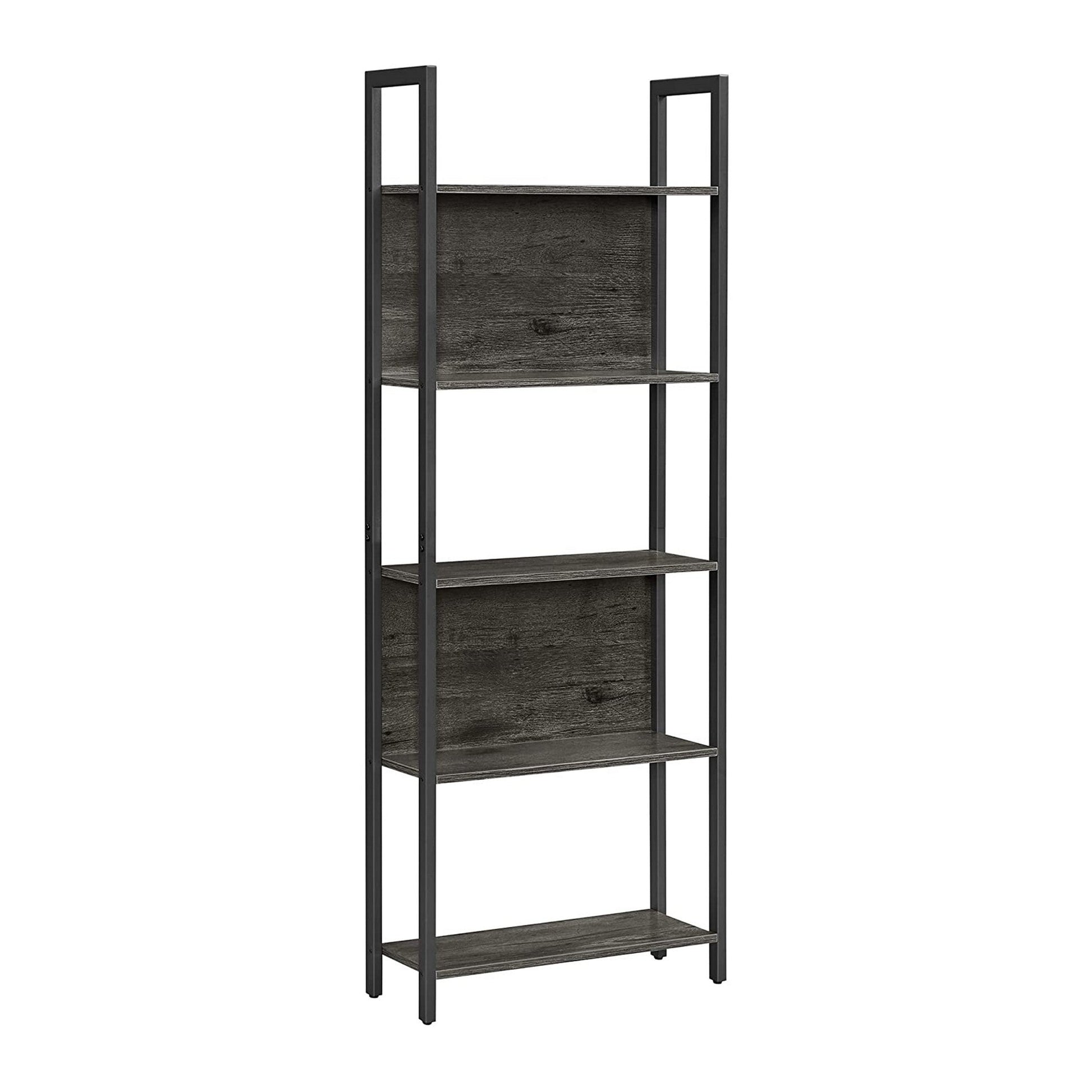 Benzara BM277142 65" Charcoal Gray and Black 5-Tier Modern Wood Bookshelf with Steel Frame