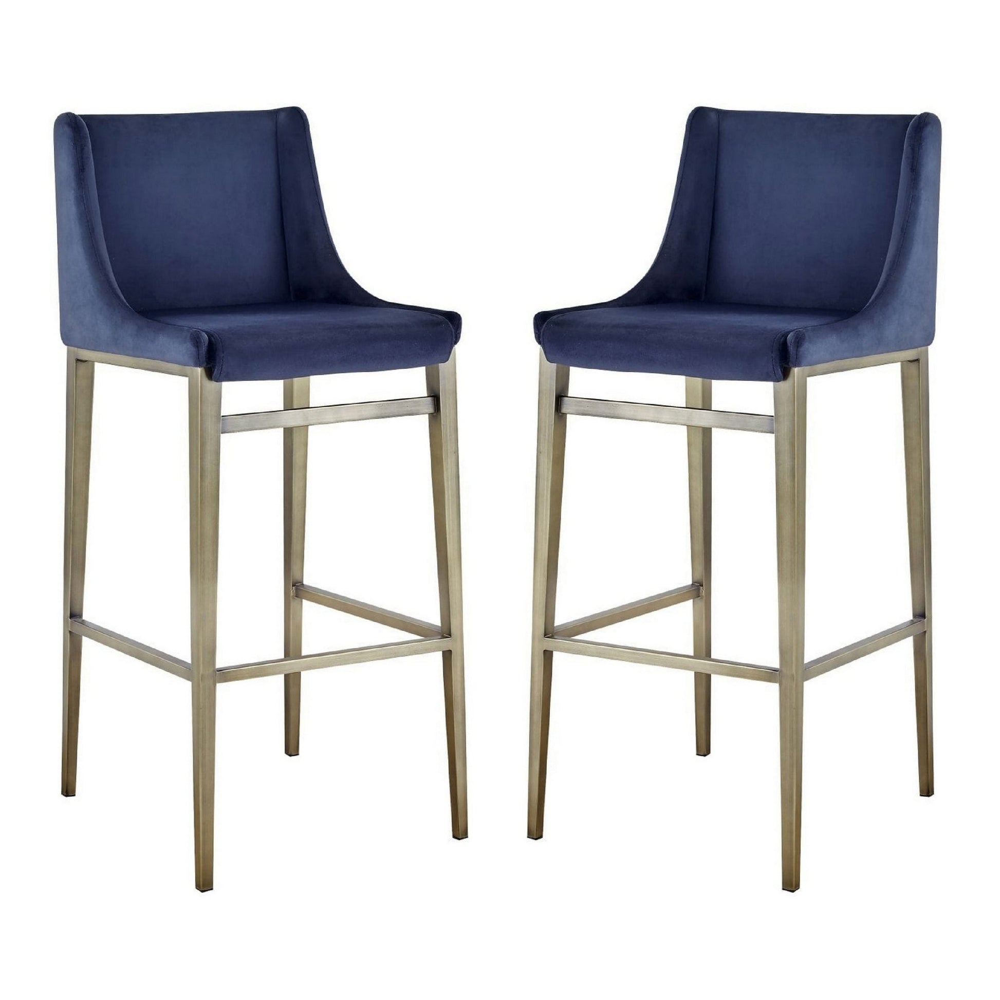 Benzara BM277337 Cid 31" Blue Modern Fabric Bar Stool With Brass Footrest, Set of 2