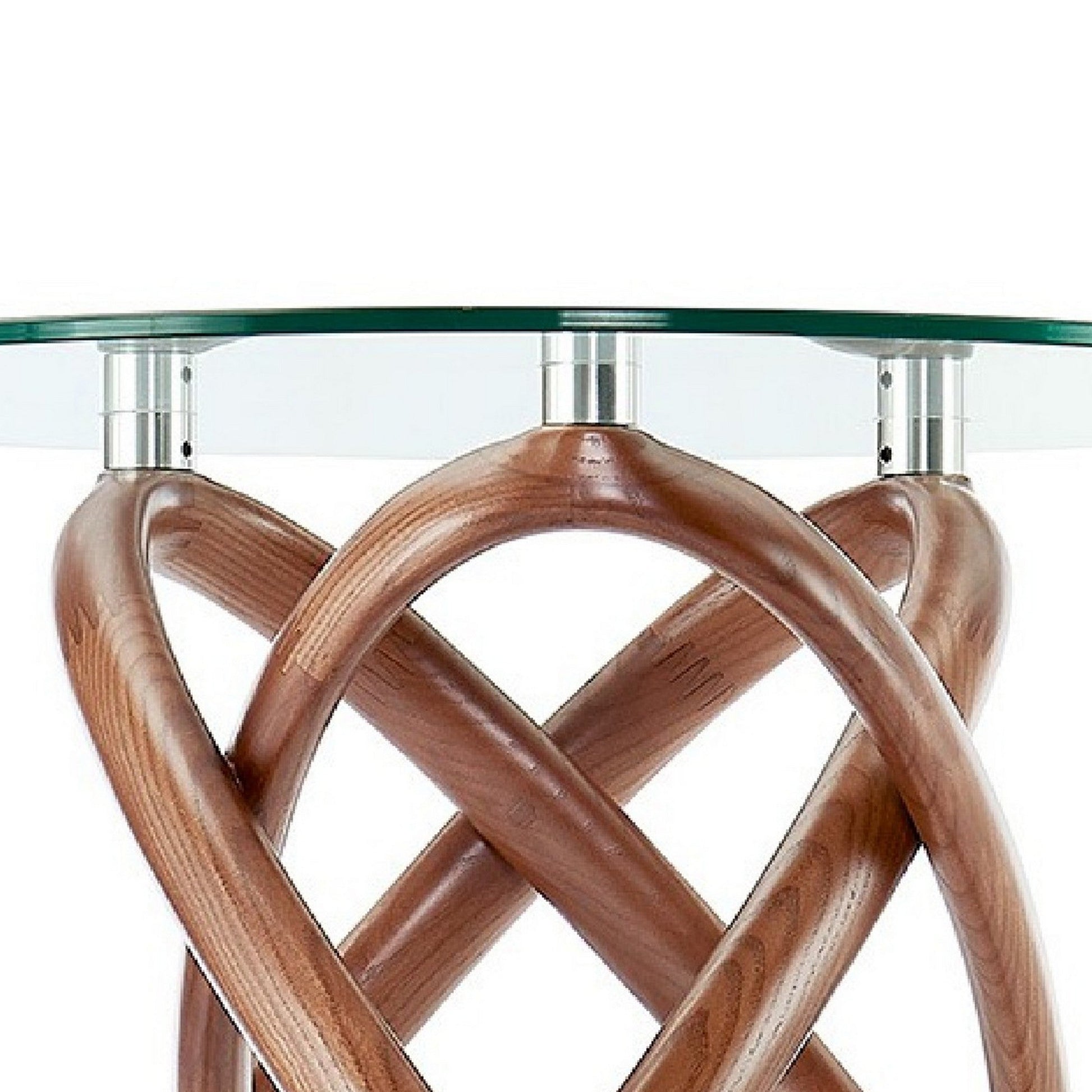 Benzara BM279180 Cid 22" Brown Modern Side Table with Round Glass Top and Curved Wood Frame