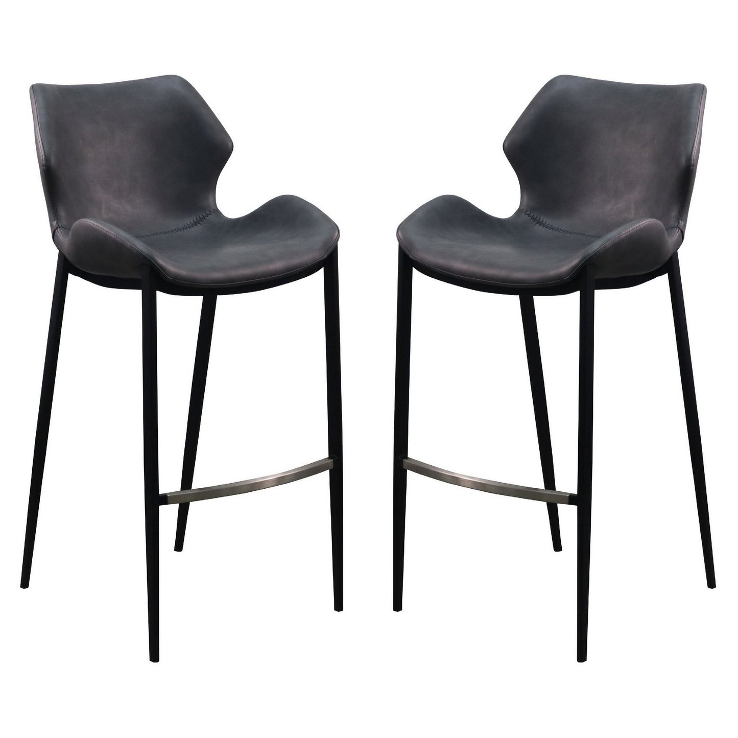 Benzara BM279190 Cid 30" Dark Gray Modern Barstools with Curved Backs and Leather Upholstery, Set of 2