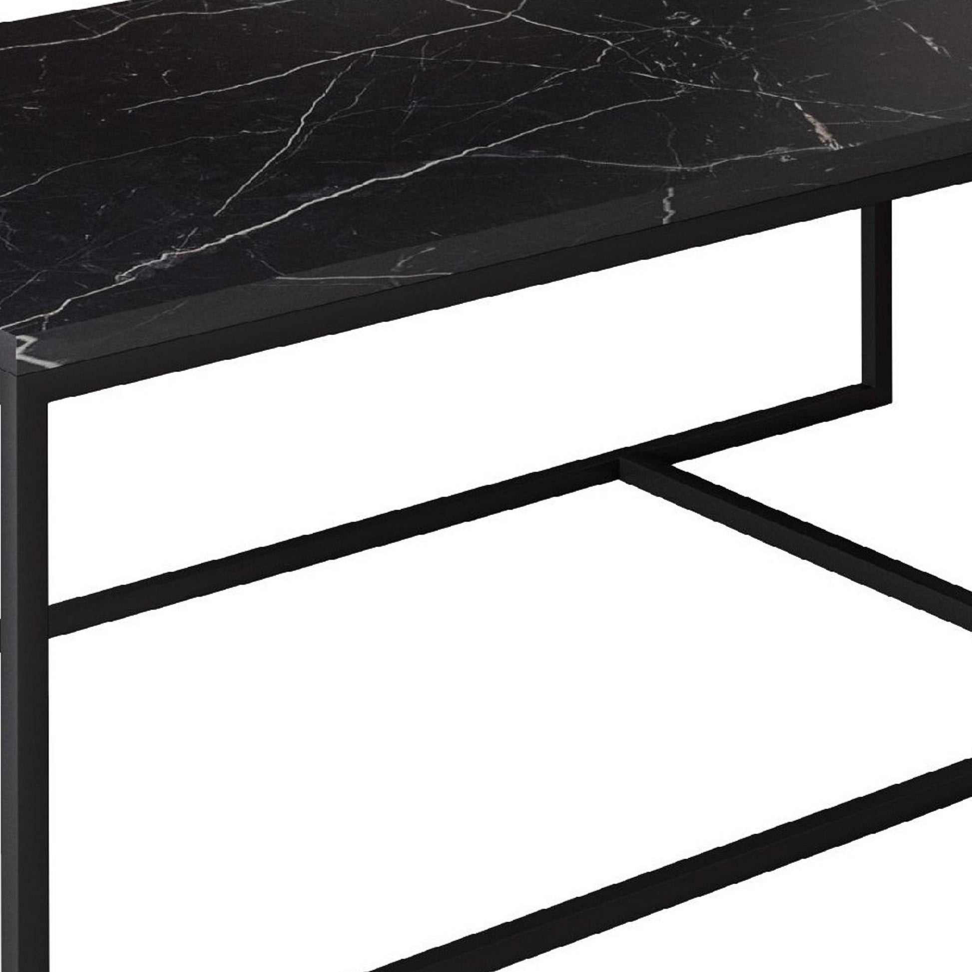 Benzara BM279208 Cid 48" Modern Minimal Coffee Table with Marble Top and Metal Base in Black