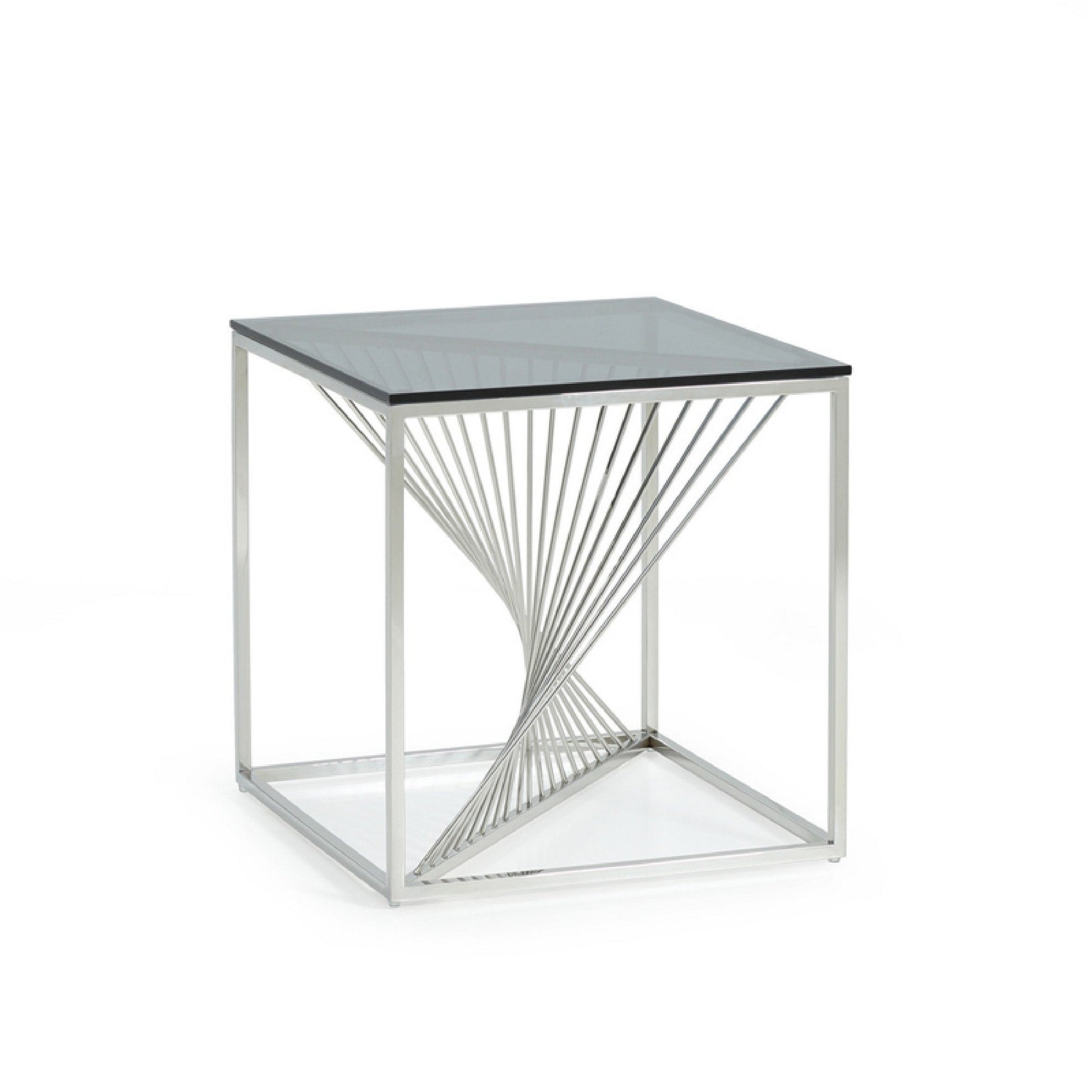 Benzara BM279303 Cid 21" Modern Glass Top End Table With Twisted Artisan Steel Base in Silver