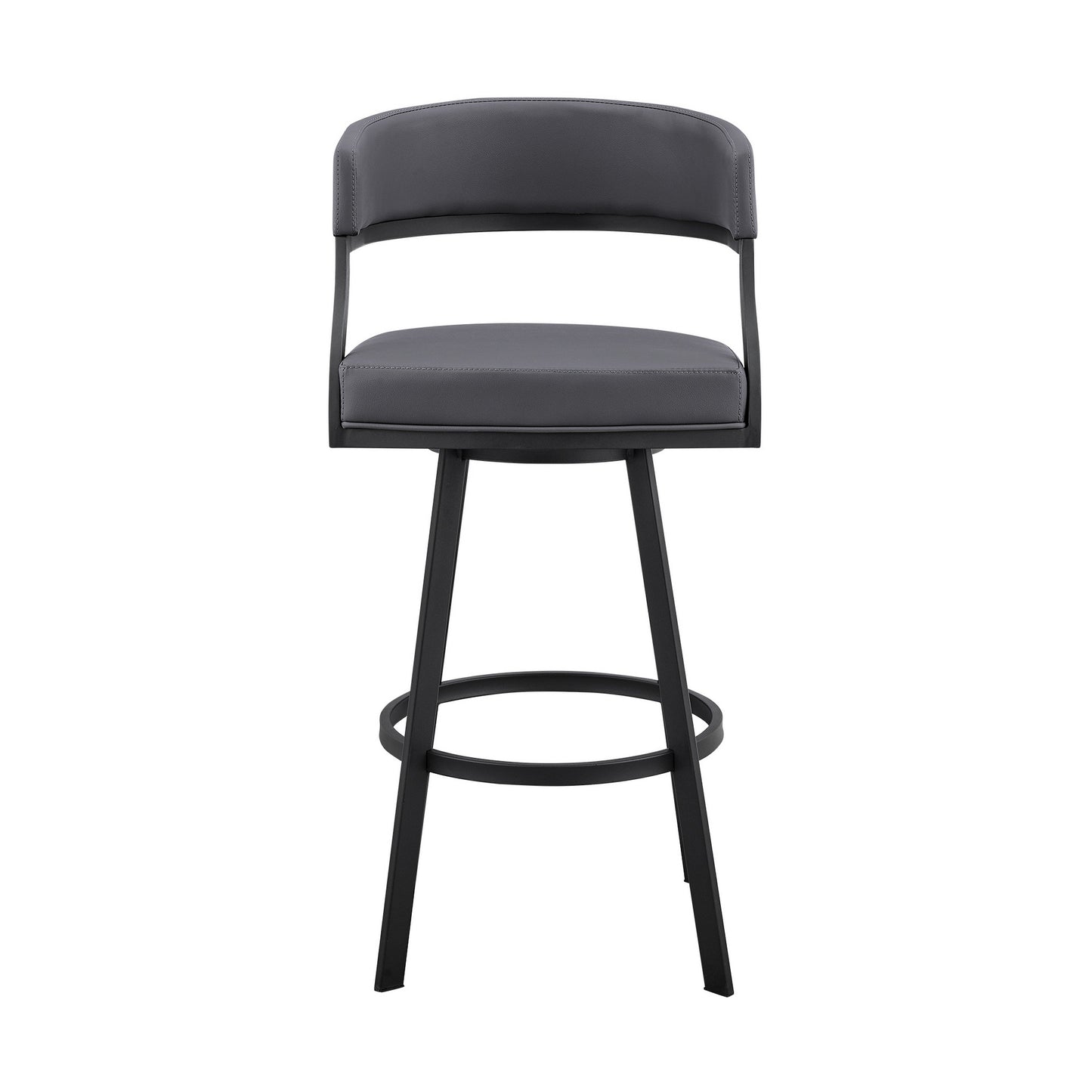 Benzara BM281942 Beth 26" Gray Counter Stool with Curved Back, Swivel Feature, and Faux Leather Seat