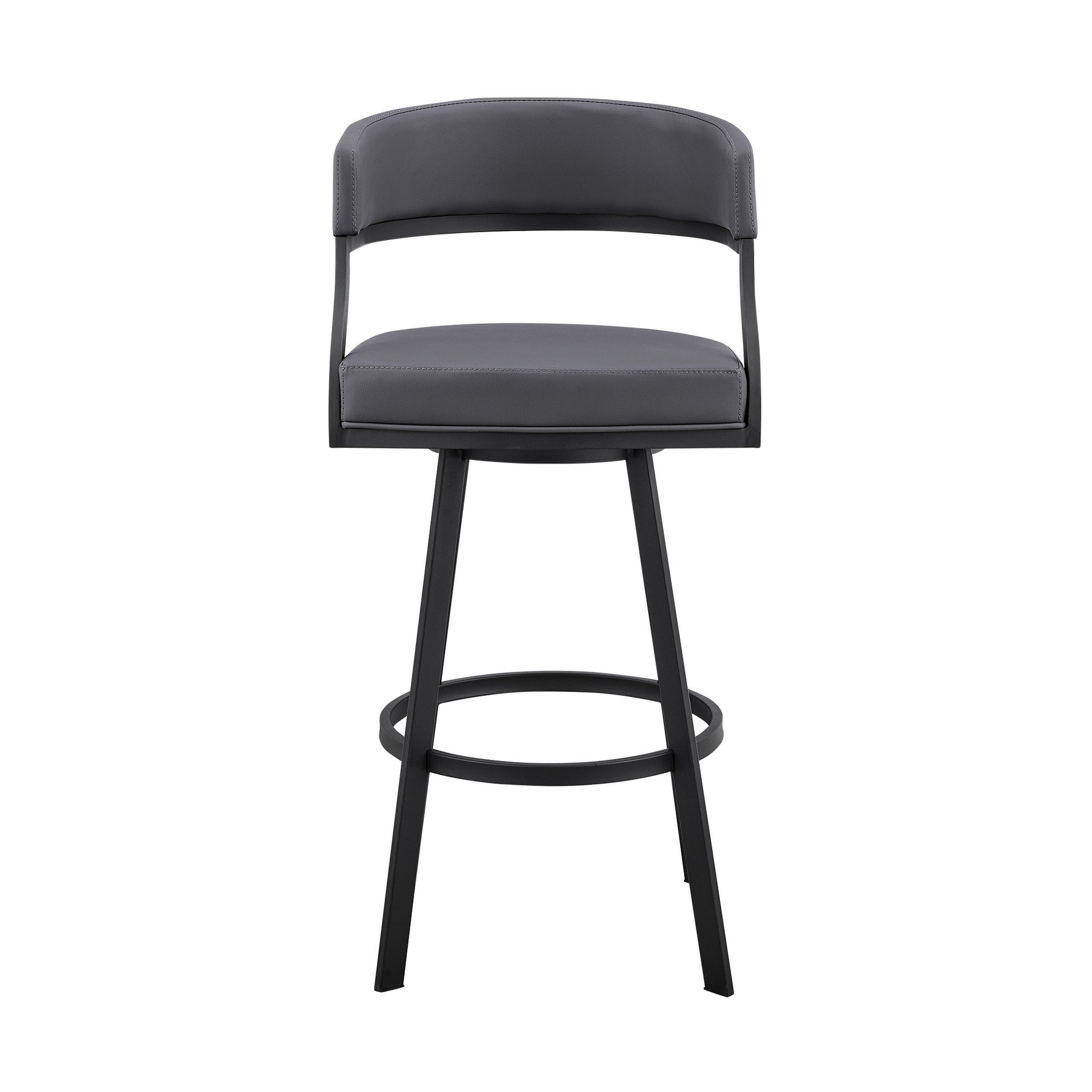 Benzara BM281942 Beth 26" Gray Counter Stool with Curved Back, Swivel Feature, and Faux Leather Seat