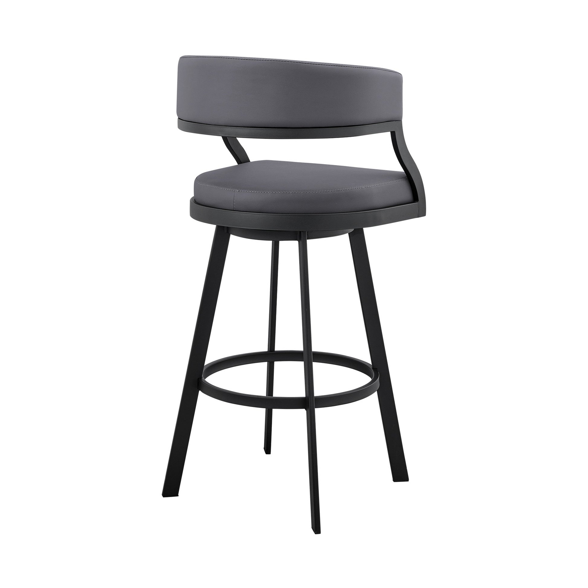 Benzara BM281942 Beth 26" Gray Counter Stool with Curved Back, Swivel Feature, and Faux Leather Seat