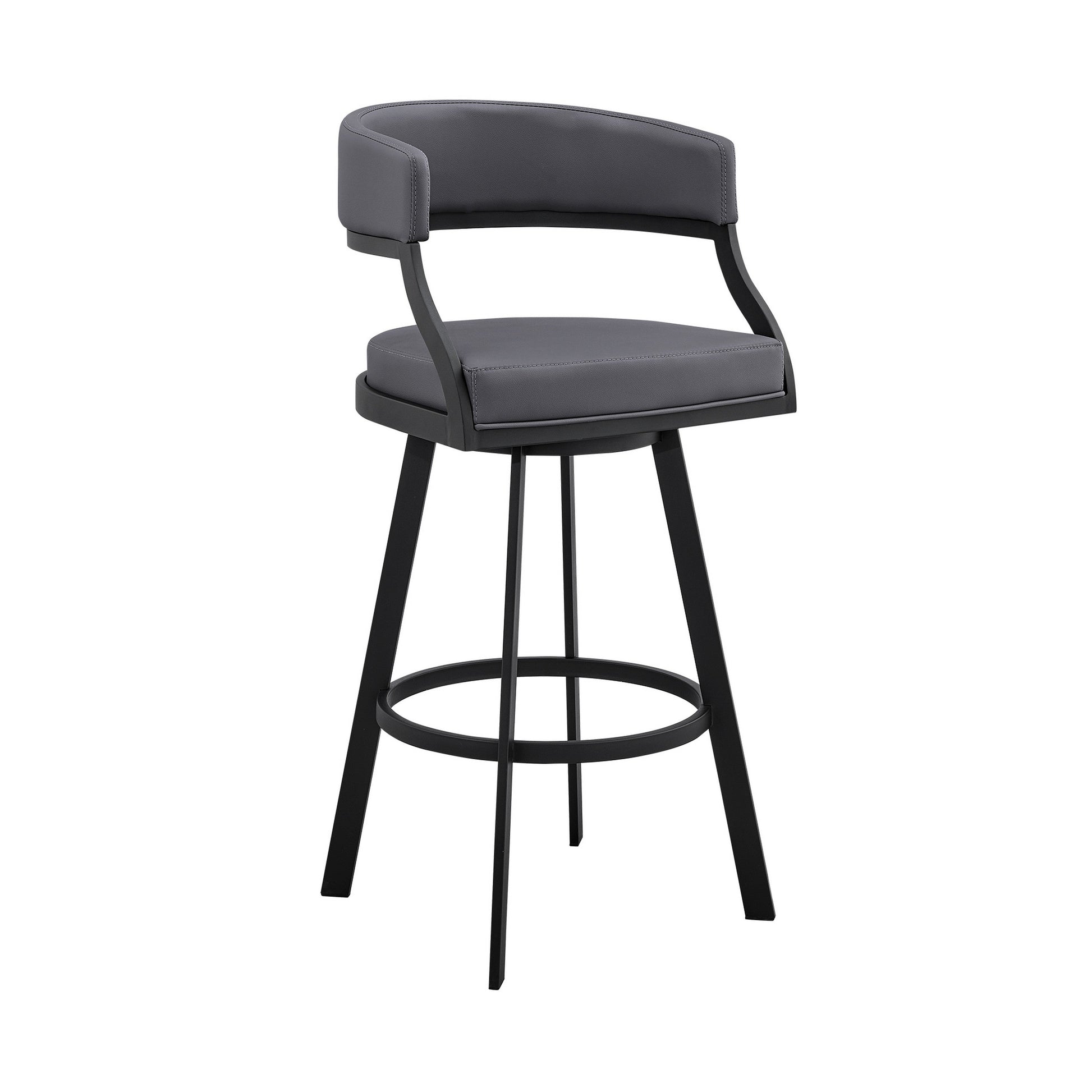 Benzara BM281942 Beth 26" Gray Counter Stool with Curved Back, Swivel Feature, and Faux Leather Seat