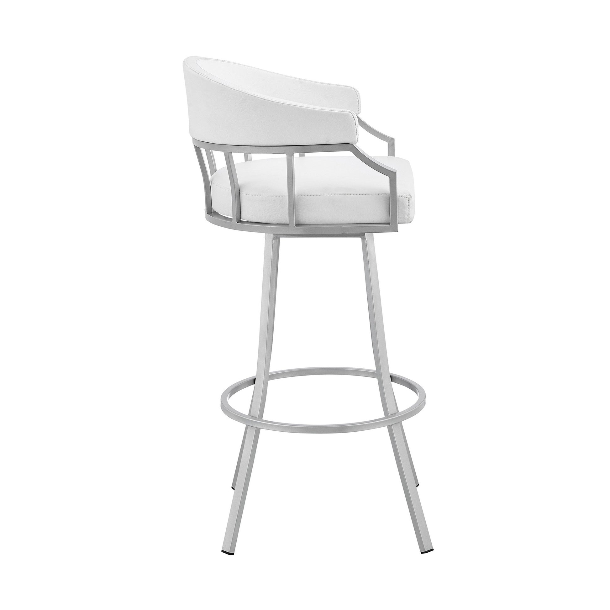 Benzara BM282042 Mayla 26" White Faux Leather Swivel Counter Stool with Silver Flared Legs