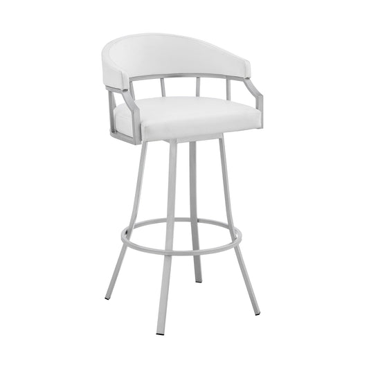 Benzara BM282042 Mayla 26" White Faux Leather Swivel Counter Stool with Silver Flared Legs