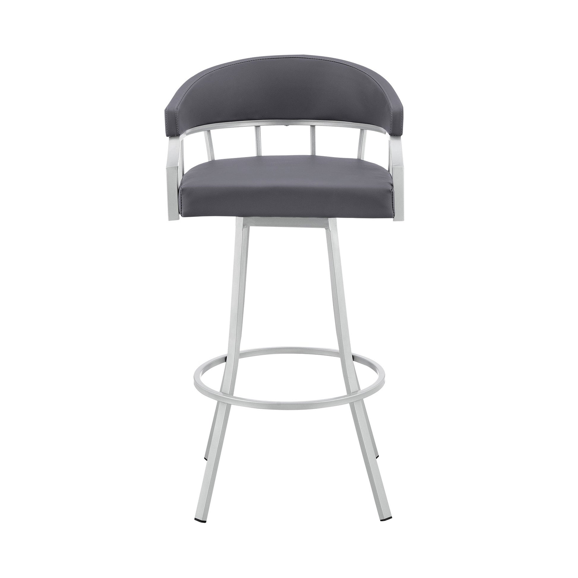 Benzara BM282046 Mayla 26" Gray Faux Leather Swivel Bar Stool with Silver Flared Legs