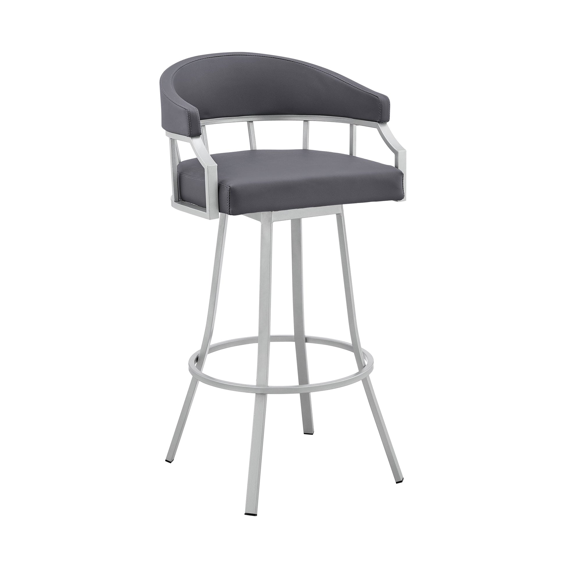 Benzara BM282046 Mayla 26" Gray Faux Leather Swivel Bar Stool with Silver Flared Legs