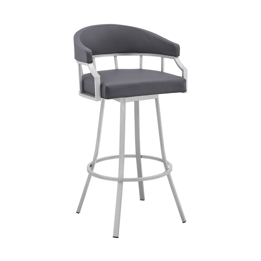 Benzara BM282046 Mayla 26" Gray Faux Leather Swivel Bar Stool with Silver Flared Legs