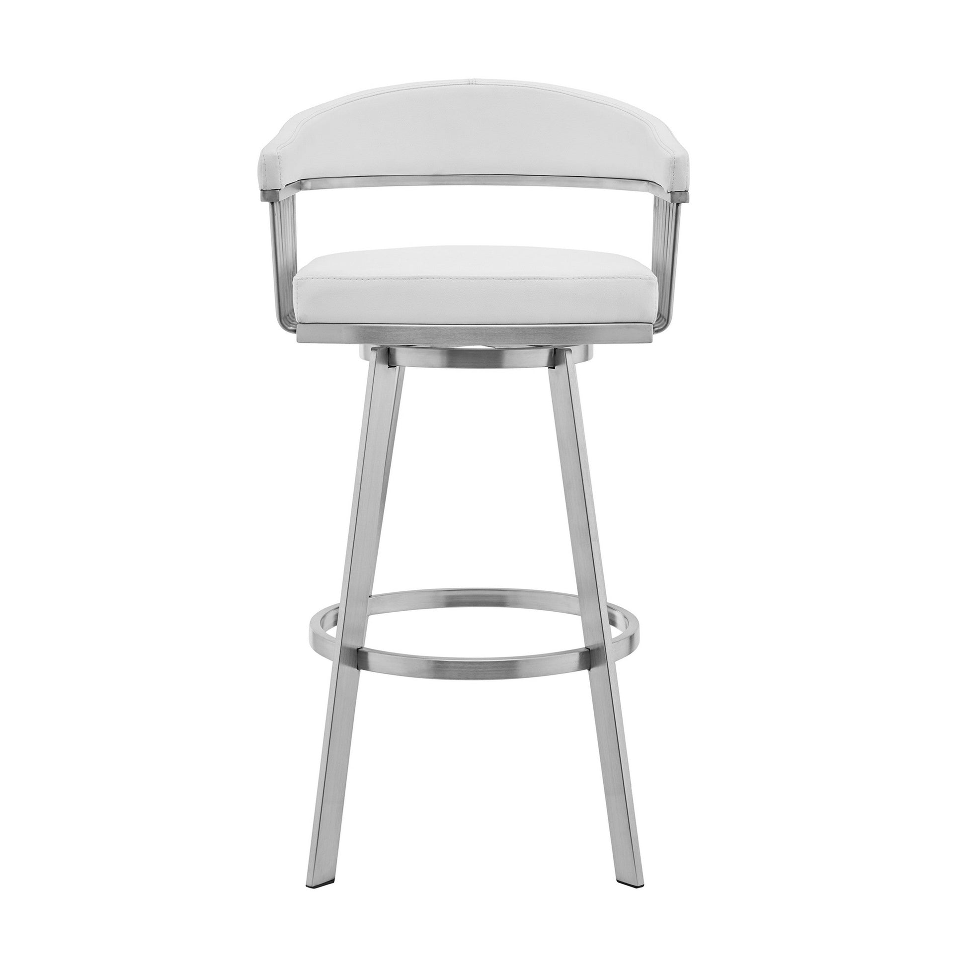 Benzara BM282050 Oliver 30" White and Chrome Bar Stool with Vegan Faux Leather, Swivel Feature, and Slatted Design