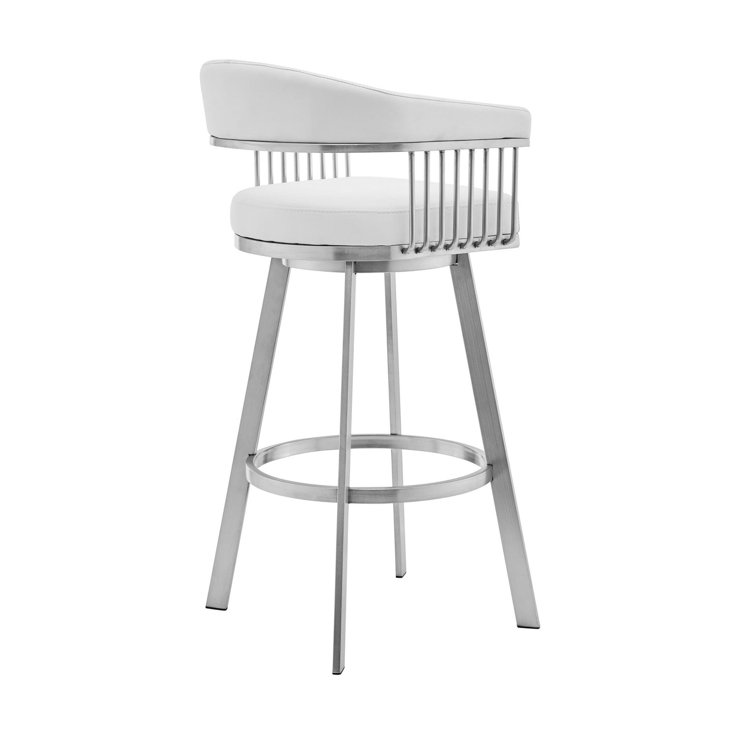 Benzara BM282050 Oliver 30" White and Chrome Bar Stool with Vegan Faux Leather, Swivel Feature, and Slatted Design