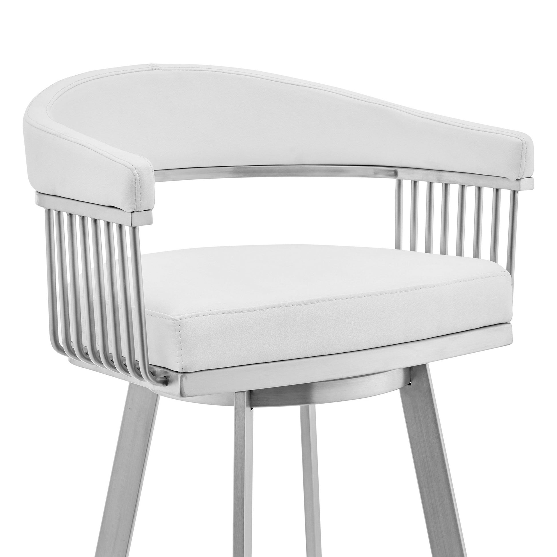 Benzara BM282050 Oliver 30" White and Chrome Bar Stool with Vegan Faux Leather, Swivel Feature, and Slatted Design