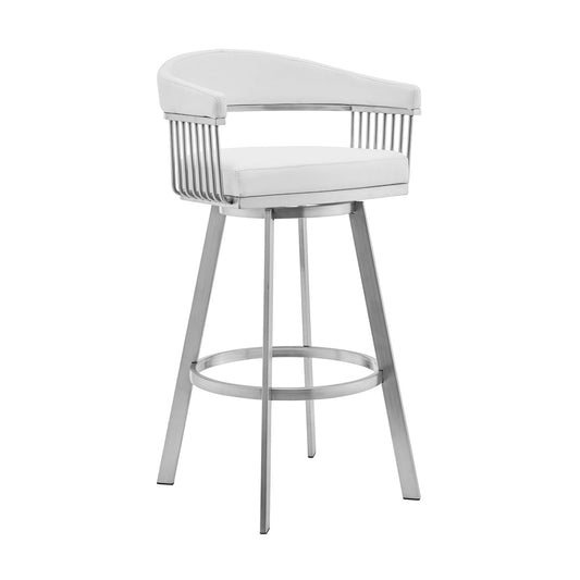 Benzara BM282050 Oliver 30" White and Chrome Bar Stool with Vegan Faux Leather, Swivel Feature, and Slatted Design