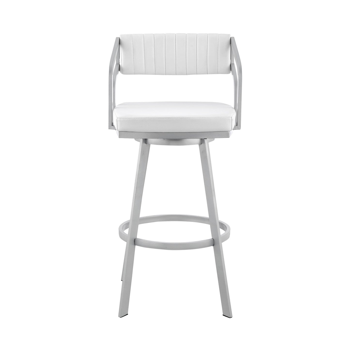 Benzara BM282051 Lyla 30" White and Silver Metal Bar Stool with Swivel Feature and Vegan Faux Leather Seat