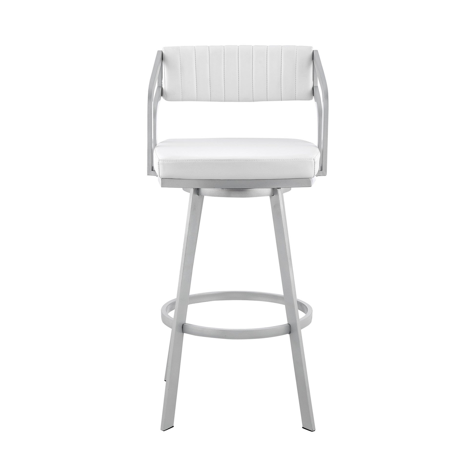 Benzara BM282051 Lyla 30" White and Silver Metal Bar Stool with Swivel Feature and Vegan Faux Leather Seat