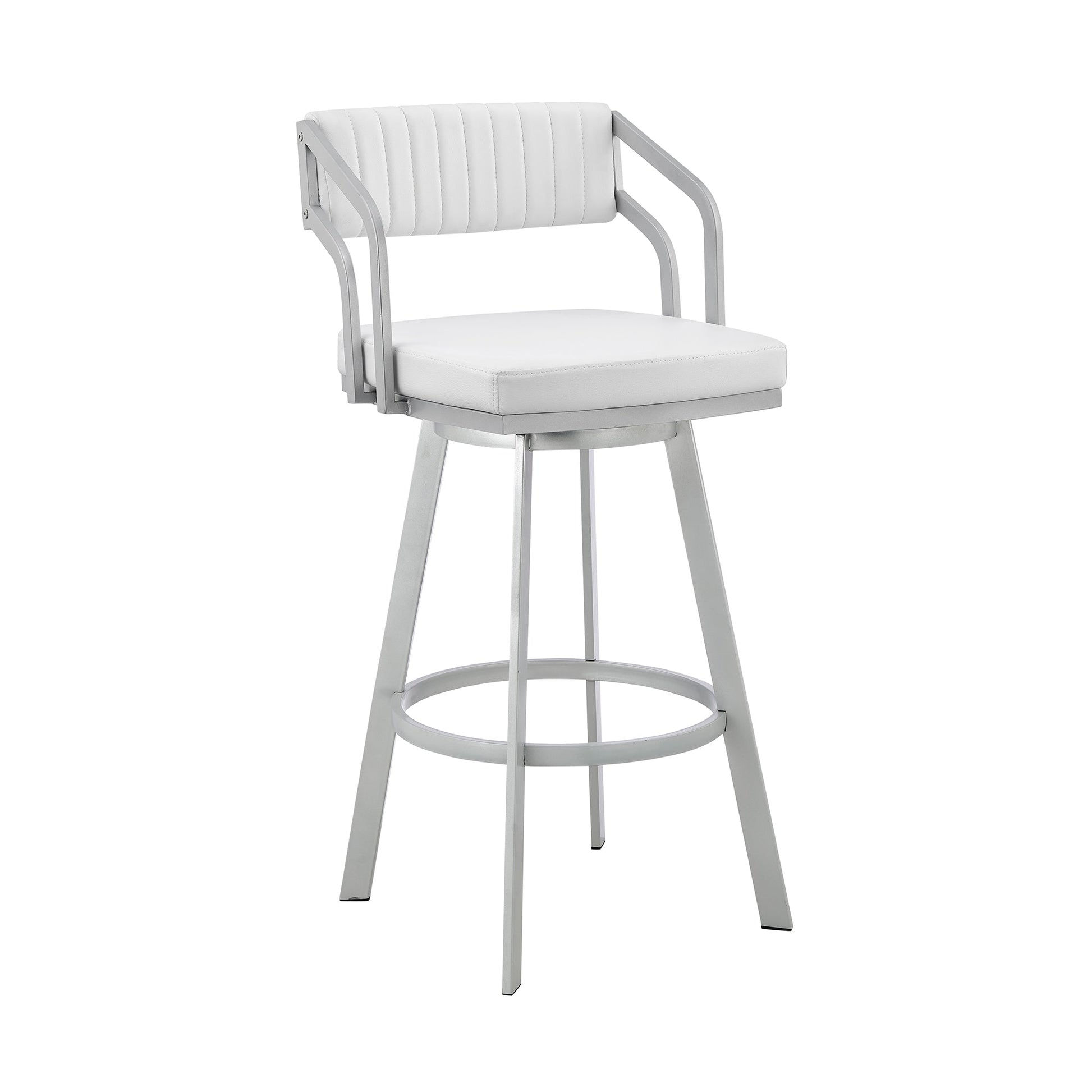 Benzara BM282051 Lyla 30" White and Silver Metal Bar Stool with Swivel Feature and Vegan Faux Leather Seat