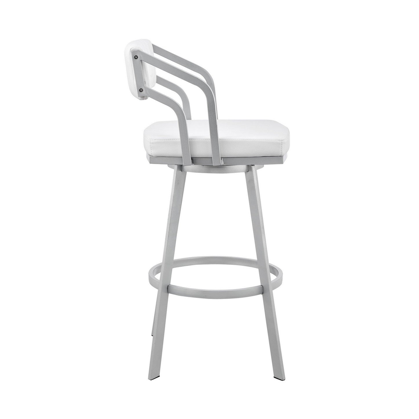 Benzara BM282052 Lyla 26" White and Silver Counter Height Stool with Swivel Feature and Faux Leather Seat