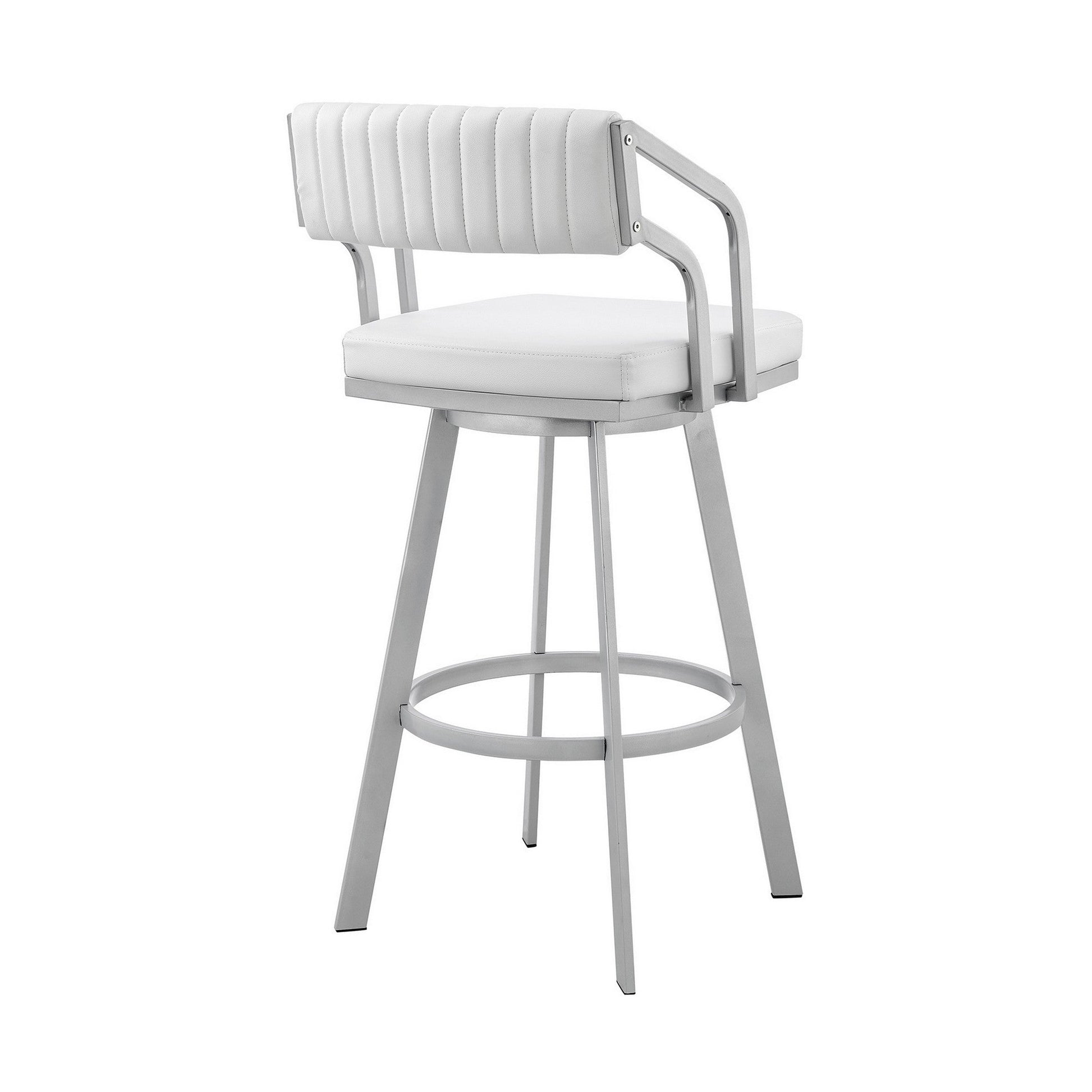 Benzara BM282052 Lyla 26" White and Silver Counter Height Stool with Swivel Feature and Faux Leather Seat